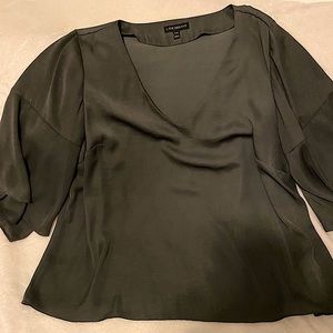 Soft gray v-neck top with double bell sleeves. Sleeves are 3/4.